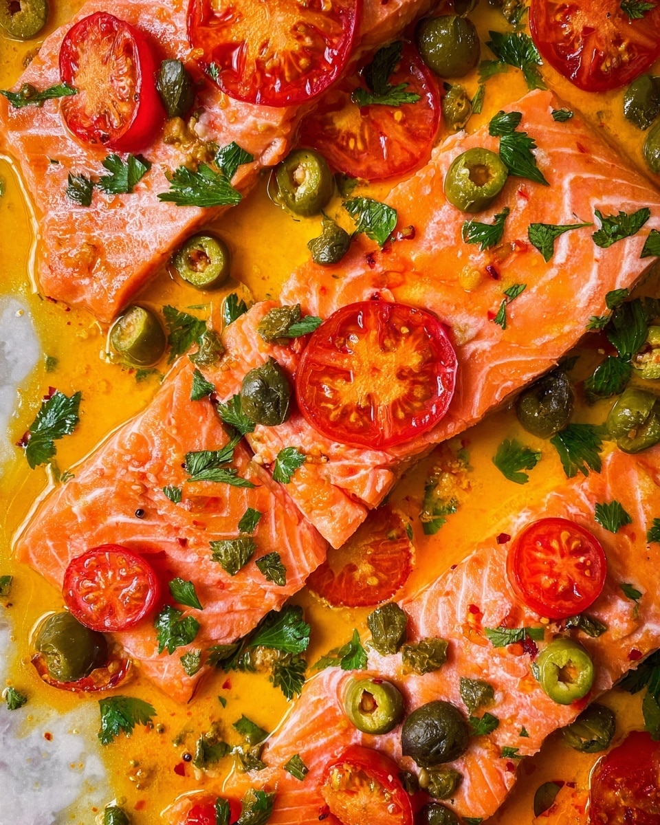 A white plate sits on a white marbled surface holding thin, bright orange slices of raw salmon arranged in a single layer. The salmon is topped with scattered small red cherry tomato halves, green olive pieces, green capers, and fresh green parsley leaves. The dish is lightly coated with a golden yellow sauce or oil, giving it a shiny look. Around the plate are a glass cup with a yellow drink, a bottle of oil, and a bowl with bright yellow lemons on a blue and white striped cloth. Photo taken with an iphone --ar 4:5 --v 7