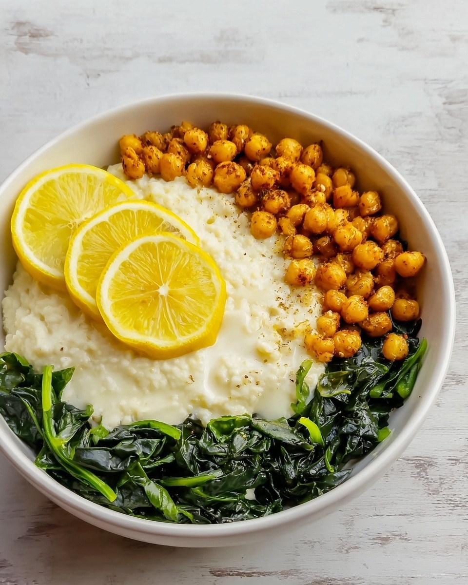 A white bowl filled with three main layers: at the bottom, dark green cooked leafy vegetables spread evenly around the sides, topped with two bright yellow lemon slices placed side by side on the greens. The center of the bowl has a thick, creamy, white porridge-like layer with a smooth, slightly lumpy texture. On the right side, a layer of golden-brown roasted chickpeas adds a crispy appearance and contrasts with the white cream and dark greens. The bowl is set on a white marbled surface. Photo taken with an iphone --ar 4:5 --v 7