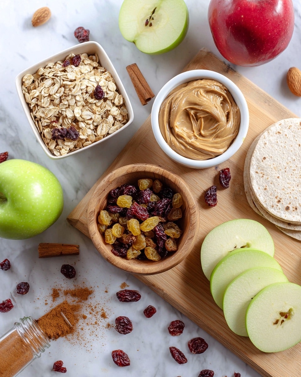 The image shows a small wooden bowl in the center filled with two types of dried fruits: golden raisins and dark red cranberries. To the left, a white square bowl contains granola with light brown oats and almond slices. Above the granola bowl, there is another white bowl filled with creamy, light brown peanut butter with smooth swirls on top. On the right side, there are three round white flatbreads laid on a white marbled surface, topped with several slices of green apple, and a wedge of green apple rests nearby. In the background, there is a whole red apple and a whole green apple near a wooden spoon handle. A glass bottle lies on its side on the bottom left, spilling a small pile of light brown cinnamon powder and a spoon of cinnamon beside it. There are scattered raisins and cranberries on the white marbled surface around the bowls, with a few granola pieces nearby photo taken with an iphone --ar 4:5 --v 7