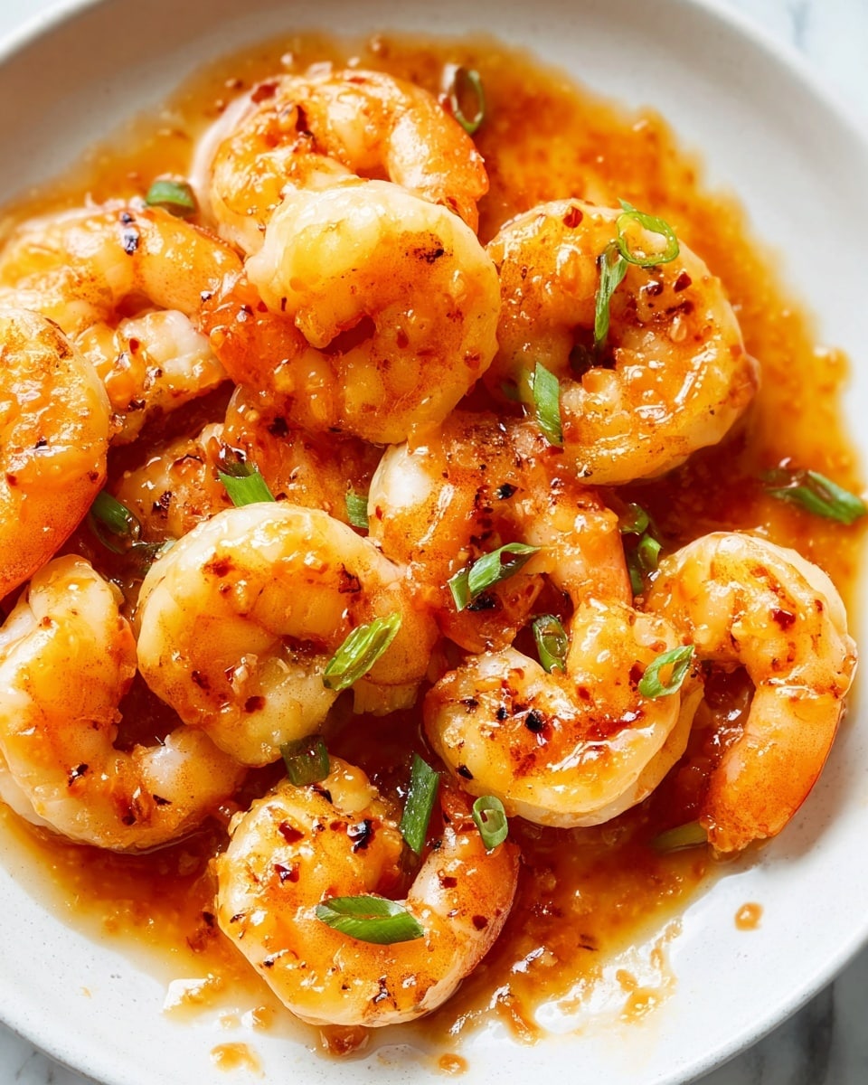The image shows a close-up of cooked shrimp placed in a white round dish on a white marbled surface. The shrimp are coated with a shiny, thick orange sauce with a slightly sticky texture. Small green onion pieces are scattered over the shrimp, adding a touch of green color. The shrimp have a light pinkish-white color with golden brown grilled or seared spots. The sauce pools around the shrimp, giving a glossy look to the whole dish. Photo taken with an iphone --ar 4:5 --v 7