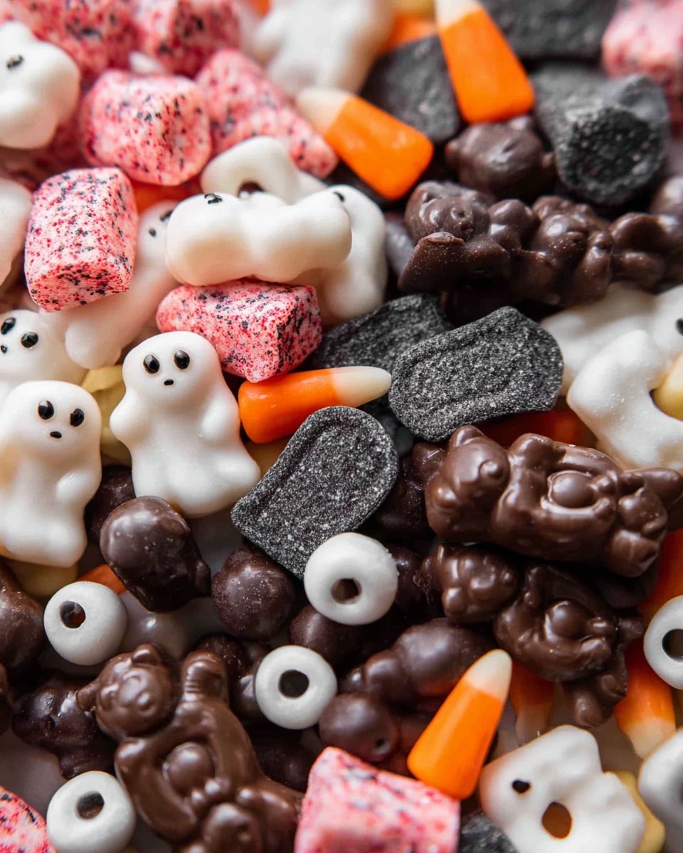 The image shows a close-up of many small Halloween candies spread together on a white marbled surface. There are three main layers: the first layer has white and pink candy shapes with red speckles, the second layer contains black and grey candies shaped like small gravestones, and mixed with these are white candy eyes and bright orange thin candy sticks. The third layer has dark brown bear-shaped chocolates with small holes. The candies create a colorful, busy mix with different textures and shapes. photo taken with an iphone --ar 4:5 --v 7