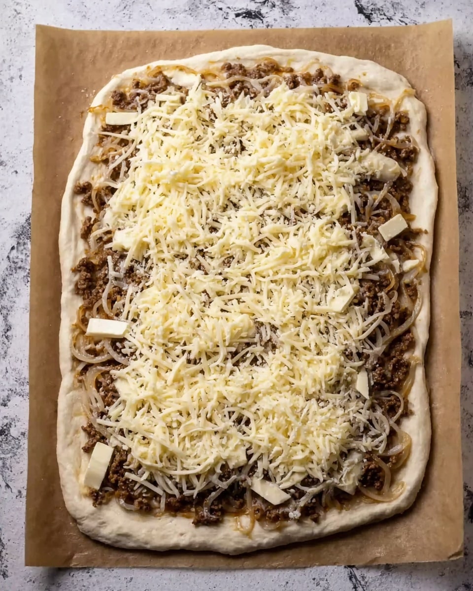The image shows a rectangular dough laid out on brown paper with a white marbled surface underneath. The dough is covered in three main layers: the bottom layer consists of cooked ground meat mixed with slices of browned onions across the entire surface, the middle layer is a generous amount of shredded white cheese scattered evenly over the meat and onions, and the top layer appears to be small chunks of butter spread especially around the cheese. The dough edges are plain and unrolled, framing the toppings. Photo taken with an iphone --ar 4:5 --v 7