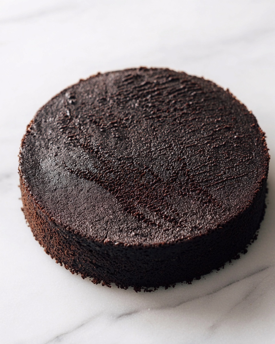 A single thick round dark chocolate cake layer with a rough textured surface and slightly crumbly edges sits directly on a white marbled surface. The cake is evenly baked with a deep rich brown color, almost black, and has visible fine cracks and lines on the top, giving it a rustic homemade look. photo taken with an iphone --ar 4:5 --v 7