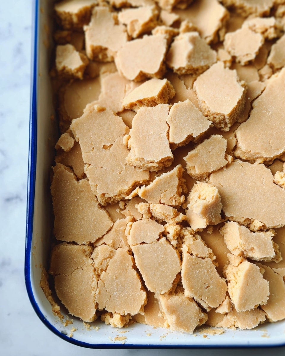 The image shows a close-up of a baking dish filled with broken, rough pieces of light brown dough arranged unevenly on top. The dough pieces have a crumbly texture with rough edges and cracks. The baking dish is white with a blue rim and sits on a white marbled surface. Photo taken with an iphone --ar 4:5 --v 7