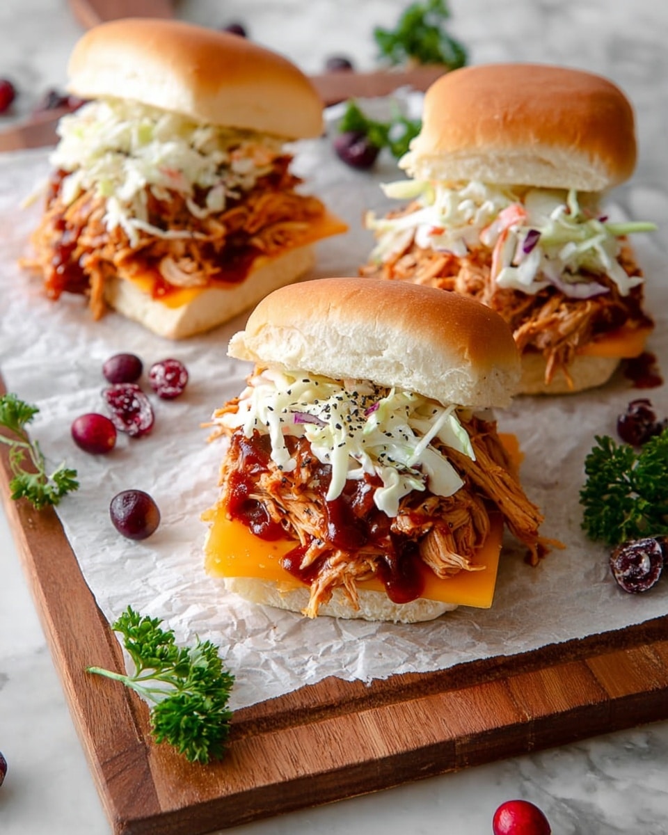 Three pulled chicken sandwiches are placed diagonally on a white parchment paper over a wooden board. Each sandwich has three layers: the bottom layer is a soft white bun square topped with a bright orange slice of melted cheese, the middle layer is a generous pile of shredded pulled chicken covered in glossy barbecue sauce with a reddish-brown color and sticky texture, and the top layer is crunchy coleslaw made of thin white and light green cabbage strips with small black poppy seeds sprinkled on top. The top half of the soft white bun is slightly tilted back on each sandwich. Red cranberries and small green parsley leaves are scattered around on the parchment paper. The wooden board sits on a white marbled surface. Photo taken with an iphone --ar 4:5 --v 7