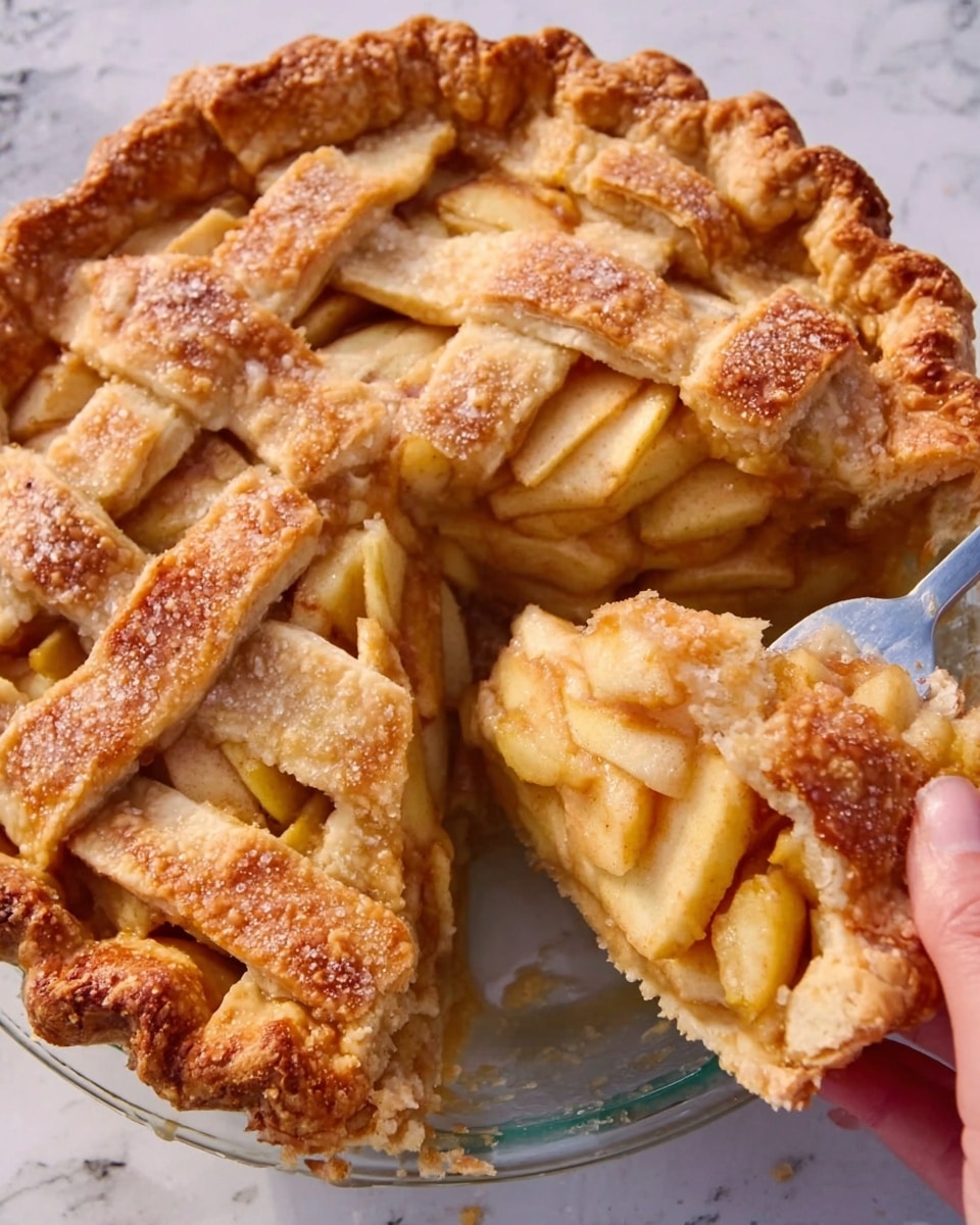 The image shows a close-up of a classic apple pie with a lattice crust on top, golden brown and slightly crumbly. The pie has three main visible layers: the flaky top crust with a light golden color and sugar crystals, the middle layer of sliced apples mixed with cinnamon and a shiny syrup, and the bottom crust that holds the filling, also golden and firm. Part of the pie is being lifted by a knife, revealing juicy apple slices stacked neatly inside. A woman's hand is visible near the bottom right corner holding the pie dish, which is clear glass and placed on a white marbled surface. photo taken with an iphone --ar 4:5 --v 7
