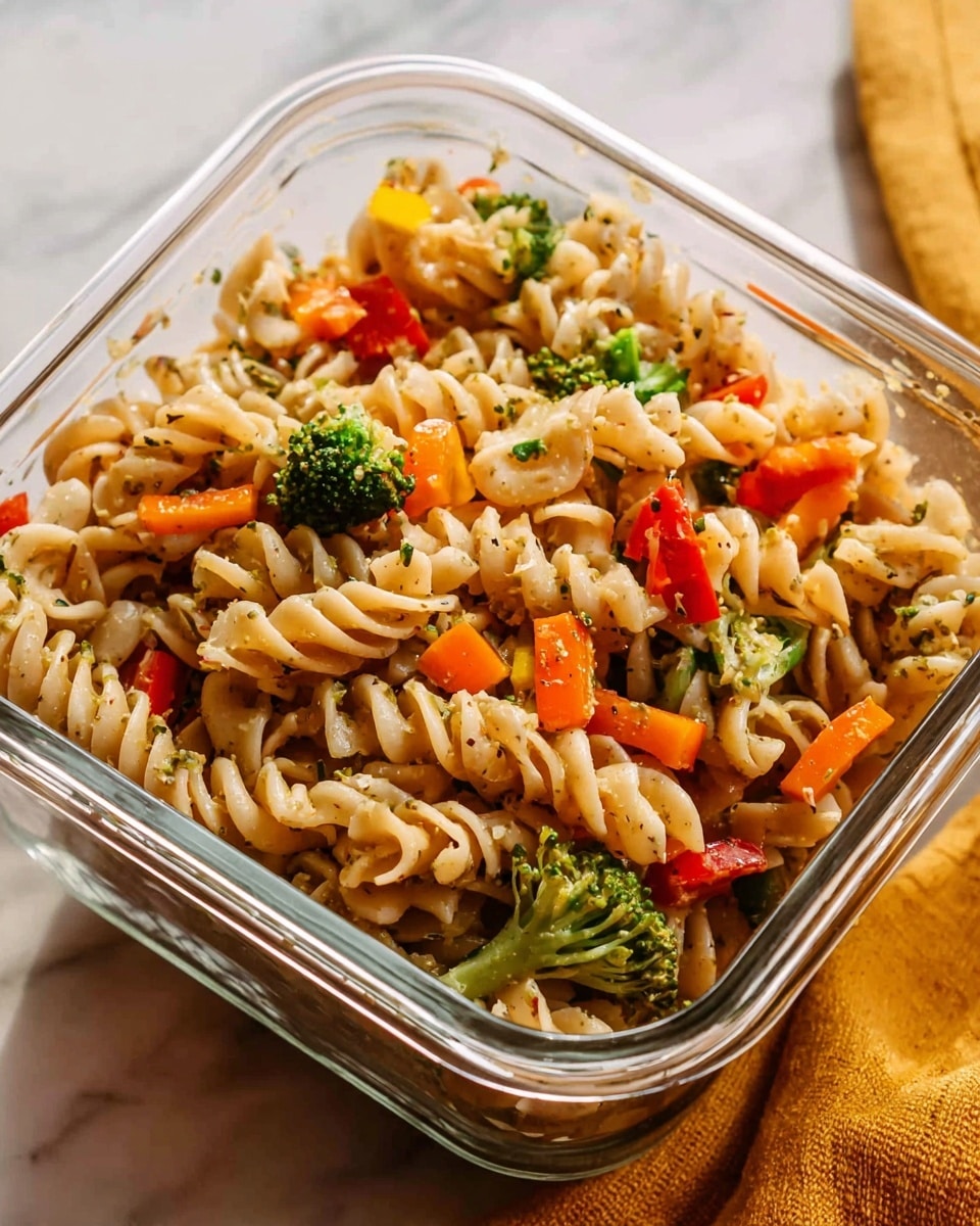 The image shows a clear square container filled with a colorful pasta salad. The top layer is a mix of tan spiral pasta swirled with small green broccoli florets, bright orange carrot slices, and scattered pieces of red and yellow bell peppers. The pasta has a light, textured coating of herbs, giving it a slightly speckled look. The container sits on a white marbled surface, and to the right, part of a yellow cloth can be seen. The lighting is soft and natural, highlighting the fresh colors of the ingredients. photo taken with an iphone --ar 4:5 --v 7