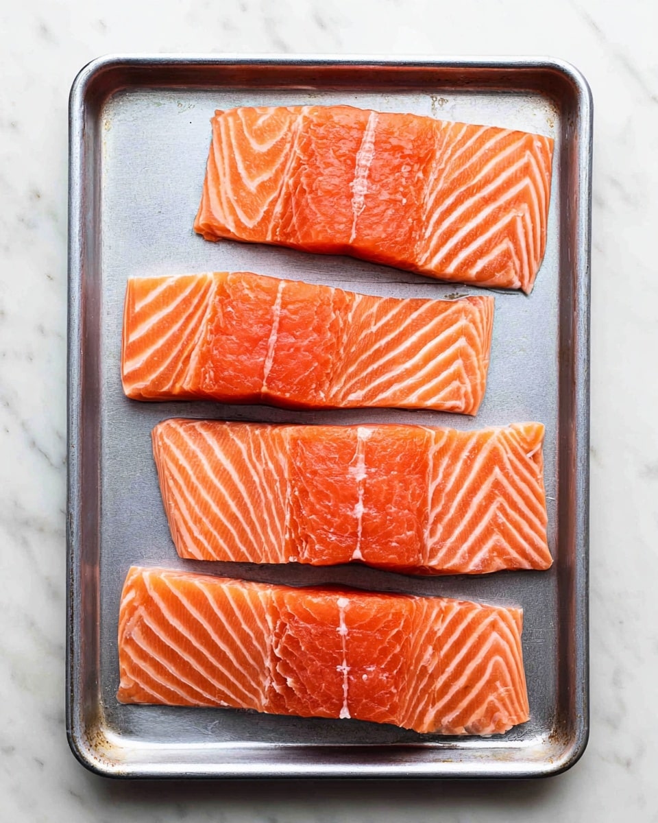 Four raw salmon fillets with bright orange color and white streaks of fat are laid flat in a single row on a gray metal baking tray. The salmon pieces are spaced evenly apart, showing their smooth, moist, and slightly shiny texture. The tray is on a white marbled surface that adds a clean and fresh look to the image. photo taken with an iphone --ar 4:5 --v 7