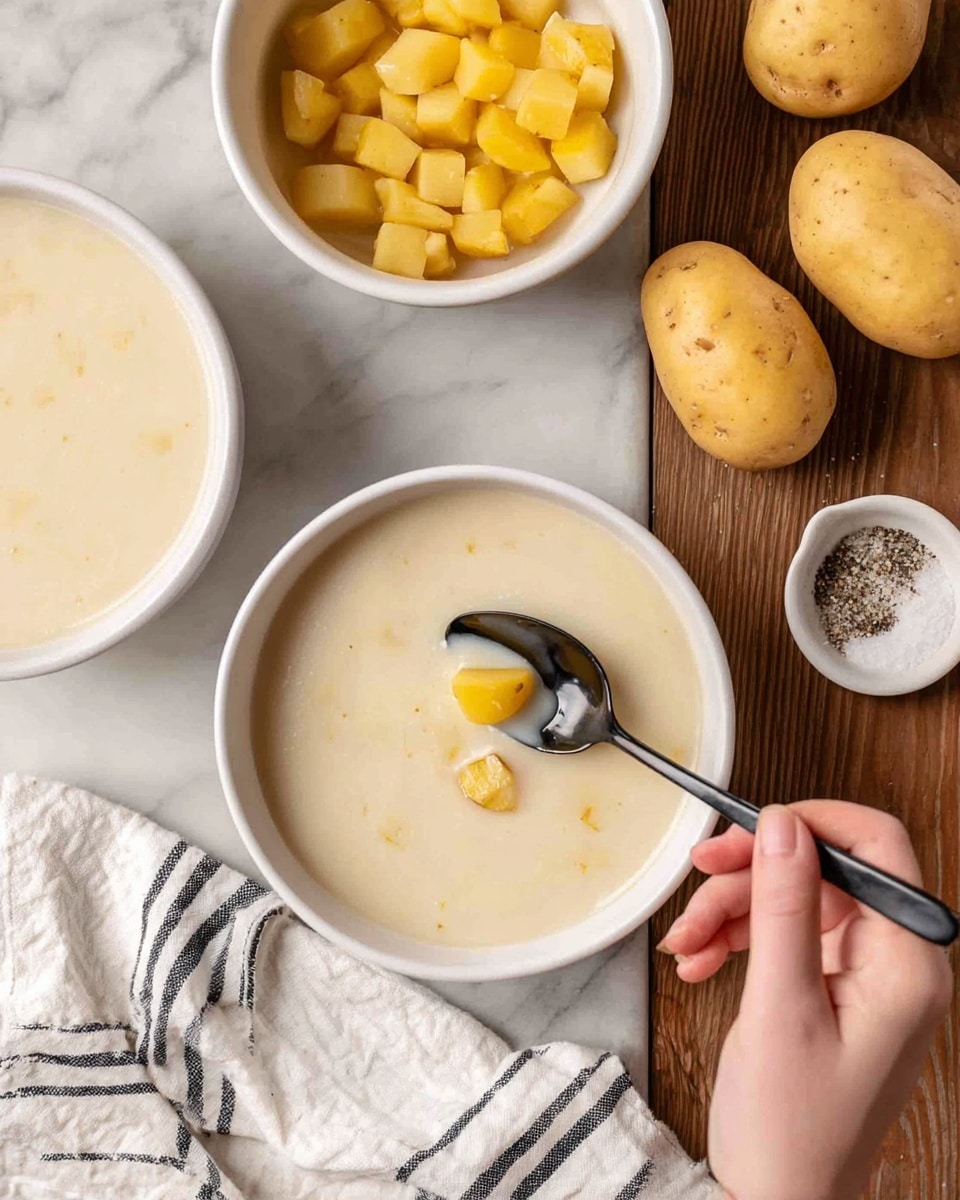 A white bowl filled with smooth, creamy white potato soup with small pieces of potato visible. A black spoon with a small potato piece and soup is held by a woman's hand over the bowl. Next to the bowl, there is a white bowl with diced yellow potatoes and another white bowl with a similar creamy soup. On the right side, several whole yellow potatoes rest on a white marbled surface with a white cloth that has black stripes. Small dishes of salt and pepper are also visible on the white marbled surface. photo taken with an iphone --ar 4:5 --v 7