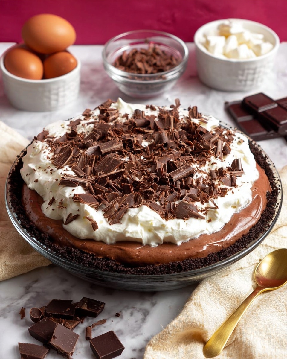 The image shows a chocolate cream pie with three main layers on a clear glass plate. The bottom layer is a dark chocolate crumb crust, rough in texture and dark brown in color, lining the base and sides of the plate. The middle layer is smooth and thick chocolate pudding with a shiny surface in a medium to dark brown shade. The top layer is a thick spread of white whipped cream with a fluffy texture, covering the pudding fully and spreading slightly over the crust edges. The pie is covered with many dark brown chocolate curls and shavings scattered thickly on the whipped cream. Around the plate are chocolate shavings, a white bowl with three brown eggs, two dark chocolate bars, and a small clear bowl with more chocolate curls and a golden spoon resting on a cream-colored cloth. The whole setup is on a white marbled surface. Photo taken with an iphone --ar 4:5 --v 7