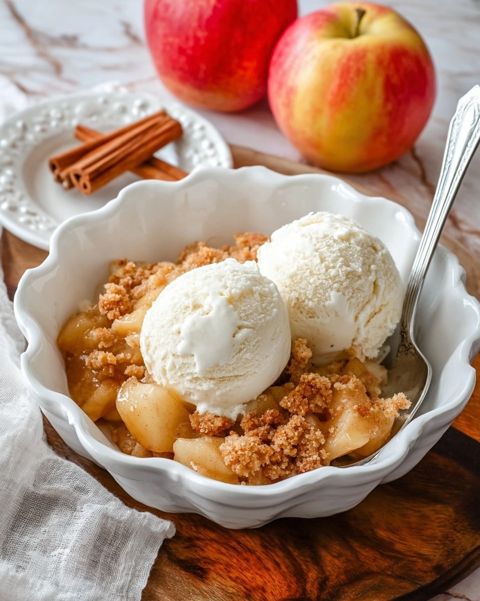 A white scalloped bowl holds a dessert with two rounded scoops of creamy white vanilla ice cream on top. Beneath the ice cream is a layer of warm apple chunks mixed with a cinnamon brown crumbly topping that looks crisp and soft in parts. The bowl sits on a wooden surface with a silver spoon resting inside. Behind the bowl, there is a whole shiny red and yellow apple, two cinnamon sticks, a white plate with decoration, and a light gray cloth on a white marbled surface. photo taken with an iphone --ar 4:5 --v 7