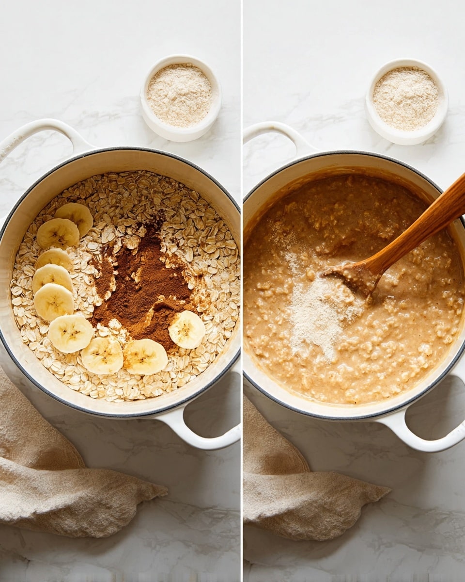 The image shows two views of cooking oatmeal in a white pot on a white marbled surface. In the first view, the pot contains a layer of light brown liquid at the bottom, topped with scattered rolled oats, a dark brown pile of cinnamon powder, and slices of yellow banana floating on the surface. In the second view, the oatmeal has thickened into a smooth, creamy light brown mixture with a wooden spoon stirring a pale powder on top. A small white bowl filled with the same pale powder is partially visible near the pot, and a beige cloth napkin is placed beside it. Photo taken with an iphone --ar 4:5 --v 7