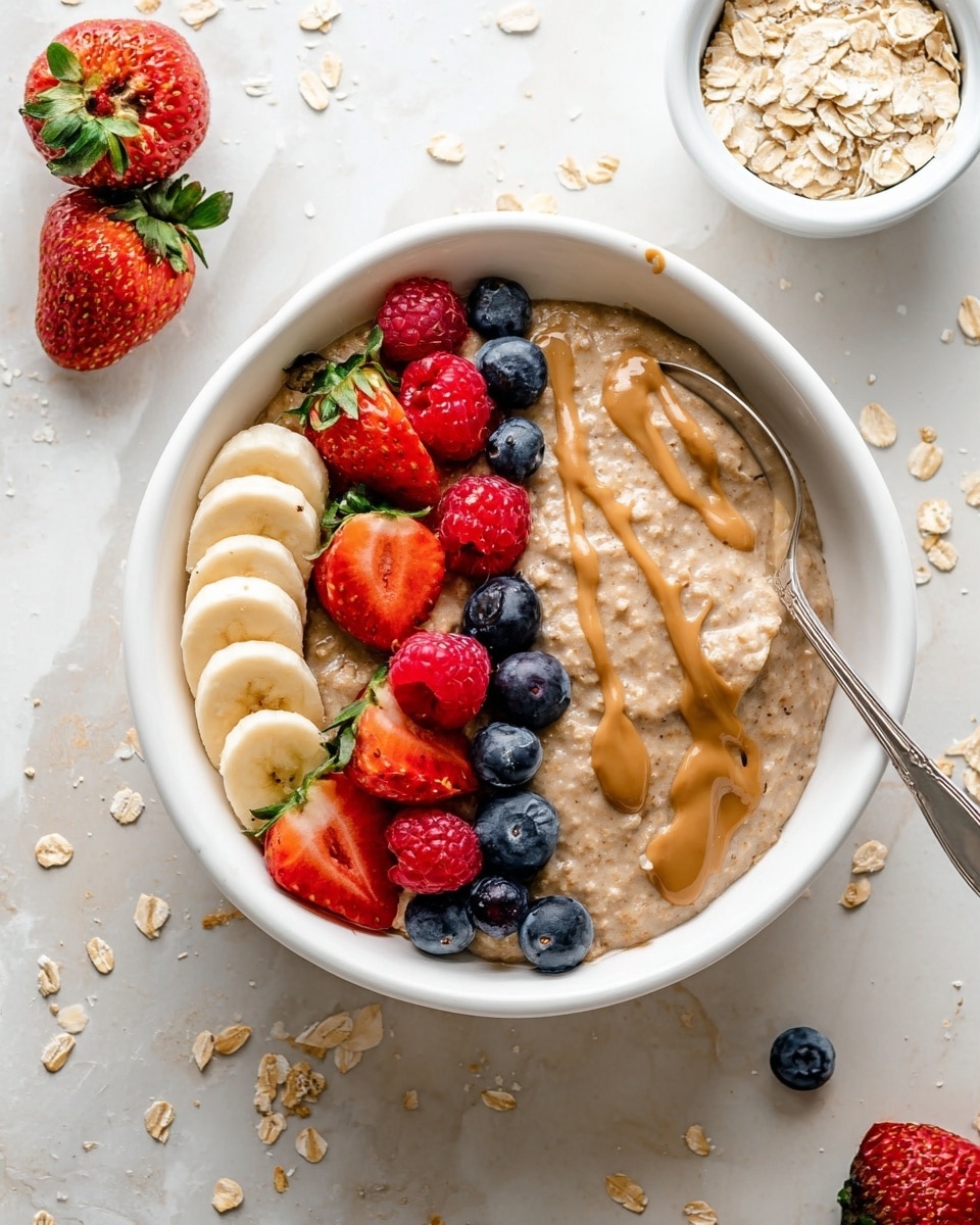 A white bowl holds a thick oatmeal base that covers most of the bowl's bottom right. On the left side, there are fresh fruit toppings arranged in layers, starting with thin slices of banana closest to the oatmeal, followed by whole blueberries and raspberries interspersed, and topped with halved strawberries with green leaves. A light brown drizzle of peanut butter flows over the center of the oatmeal and fruits. A silver spoon is partially submerged in the oatmeal on the right side of the bowl. The bowl sits on a white marbled surface scattered with oats and loose berries. Nearby, there is a small white bowl of dry oats and two whole strawberries. Photo taken with an iphone --ar 4:5 --v 7