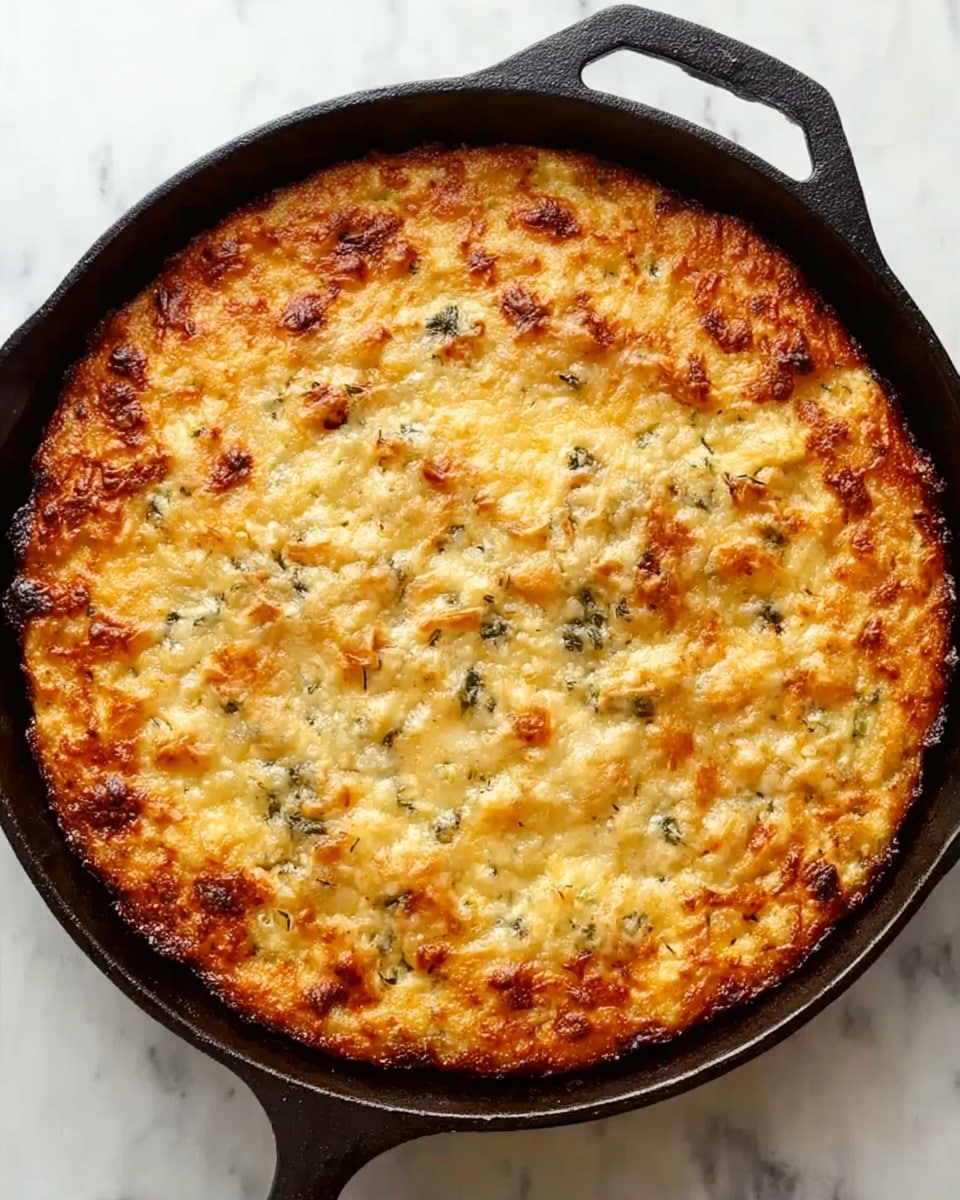 A round skillet filled with a golden brown baked dish topped with a bubbly layer of melted cheese with some browned spots, showing bits of herbs and small pieces mixed inside. The cheese layer looks thick and slightly crispy on the edges, covering the entire round surface of the skillet. The skillet is sitting on a white marbled texture. Photo taken with an iphone --ar 4:5 --v 7