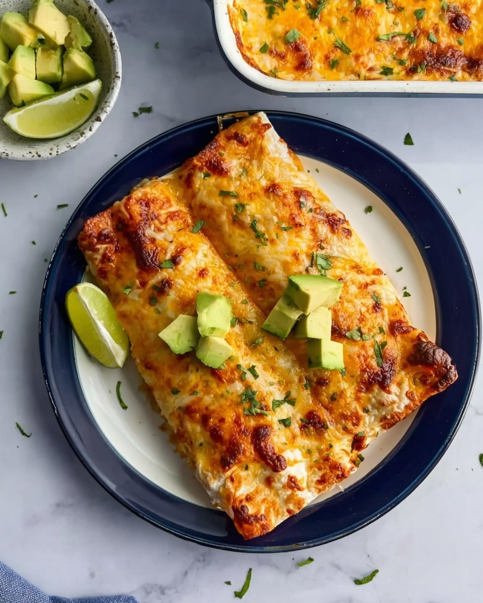 Two baked enchiladas lie side by side on a white plate with a dark blue rim. Each enchilada has a golden brown melted cheese layer on top with browned spots and is sprinkled with chopped green herbs. Small chunks of fresh green avocado sit on both enchiladas. A lime wedge is placed near the bottom left edge of the plate. Above the plate is a white pan with a bubbly cheese layer that is golden with browned spots, garnished with small green herb pieces. The background is a white marbled surface. Photo taken with an iphone --ar 4:5 --v 7