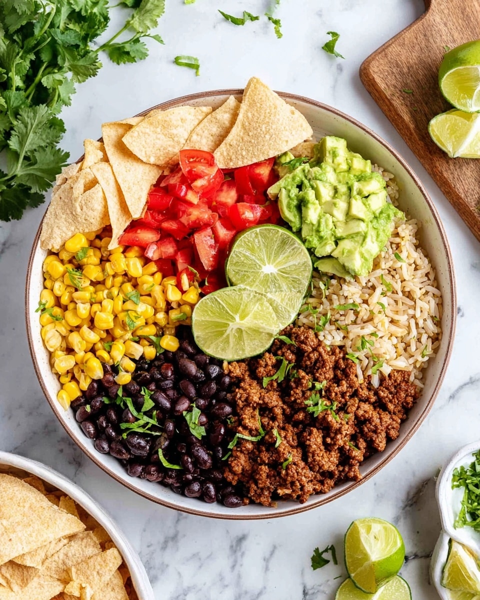 The image shows a white bowl filled with six colorful layers arranged side by side in sections. Starting from the top left, there are light beige triangular tortilla chips leaning inside the bowl. Next to them is a bright red layer of chopped tomatoes, followed by a light green layer of diced avocado. Below the avocado is a wedge of lime resting on a fluffy bed of light brown rice with bits of green herbs mixed in. To the left of the rice is a pile of golden yellow corn with red chili pieces, and next to it is a layer of shiny black beans. In the middle, slightly overlapping the tomatoes and beans, is a heap of browned ground meat garnished with small green cilantro leaves. The bowl is set on a white marbled surface with small cilantro sprigs scattered nearby, a wooden board with halved limes, and parts of another white dish in the frame. Photo taken with an iphone --ar 4:5 --v 7