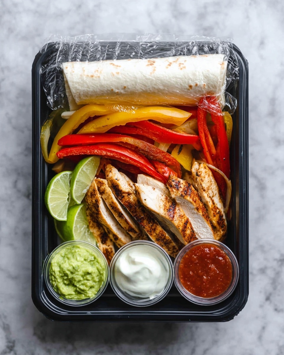 A white soft tortilla is the base, topped with four pieces of grilled chicken with a brown, charred texture stacked on the left side. On the right side, there are colorful strips of cooked red, yellow, and green bell peppers mixed with translucent onions. Next to the peppers, a dollop of bright green guacamole sits beside a smaller white dollop of sour cream. In the front left, there are two lime wedges placed on a white marbled surface. Photo taken with an iphone --ar 4:5 --v 7