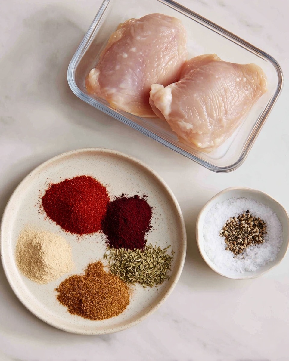 A clear rectangular container holds two pieces of raw, pale pink chicken on a white marbled surface. Below it, a white round plate is divided into five sections with different spices: bright red powder on the left, light beige powder below it, dark reddish-brown ground spice at the top, next to it a slightly lighter brown spice, and a green dried herb close to the center-right. To the right, a small white bowl has two piles of coarse white salt and ground black pepper sitting on the same white marbled surface. Photo taken with an iphone --ar 4:5 --v 7