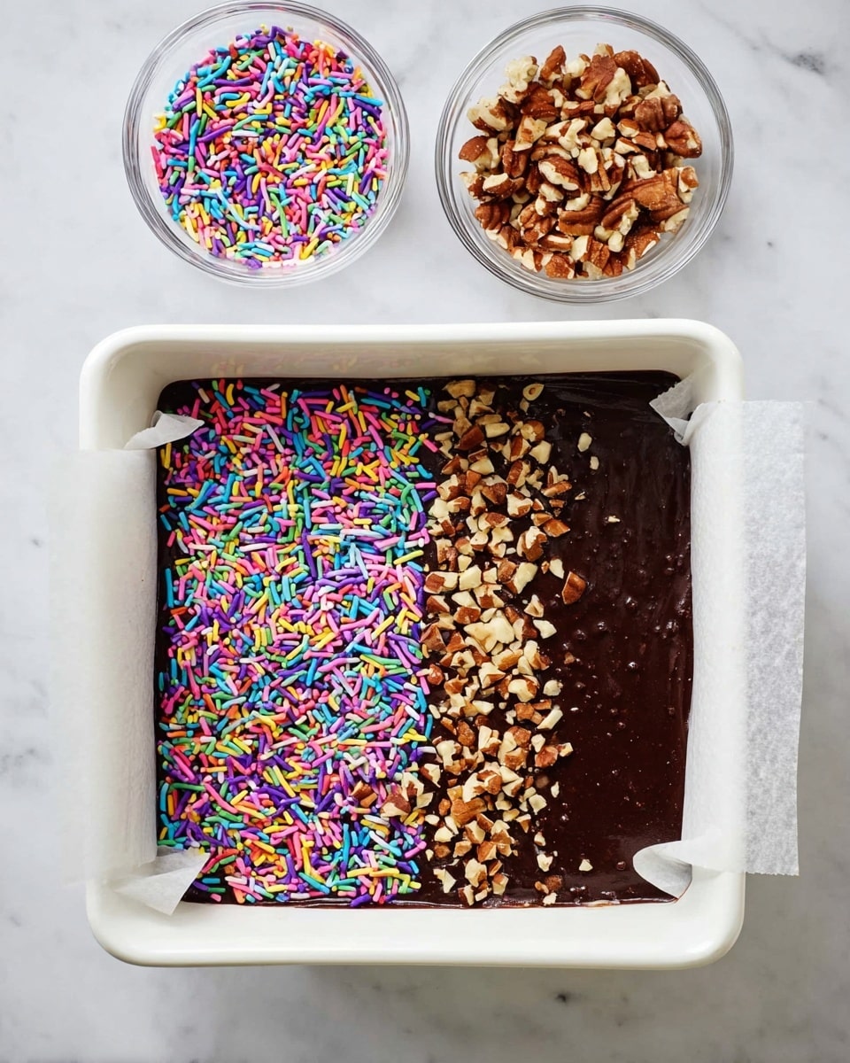 A white square baking dish lined with parchment paper holds a single layer of dark chocolate batter. The top of the batter is divided into two halves: the left half is covered with colorful long sprinkles in pink, blue, green, yellow, purple, and white, while the right half is topped with chopped brown nuts. Two small clear bowls rest above the dish on a white marbled surface, one filled with the same colorful sprinkles and the other with more chopped nuts. Photo taken with an iphone --ar 4:5 --v 7