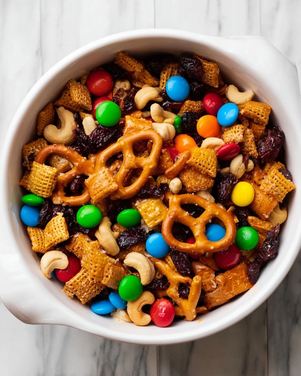 A white mixing bowl filled with a colorful snack mix that includes orange-brown pretzel pillows with coarse salt, bright red, green, yellow, blue, and orange candy-coated chocolates, light beige peanuts, dark brown raisins, and light beige cashews, all layered together with a variety of shapes and textures creating a vibrant, crunchy mix. The bowl is resting on a white marbled surface. photo taken with an iphone --ar 4:5 --v 7
