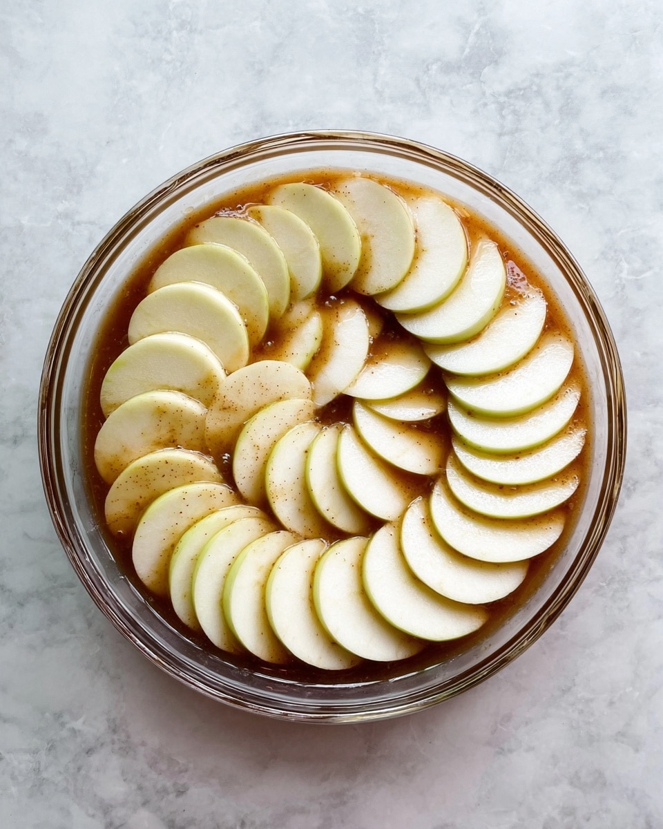 A round, clear glass dish filled with a base layer of light brown sauce or syrup. On top, thin white apple slices are arranged in two concentric circles: the outer circle has larger slices overlapping each other around the edge, and the inner circle has smaller slices arranged the same way in the middle. The dish is placed on a white marbled surface. Photo taken with an iphone --ar 4:5 --v 7