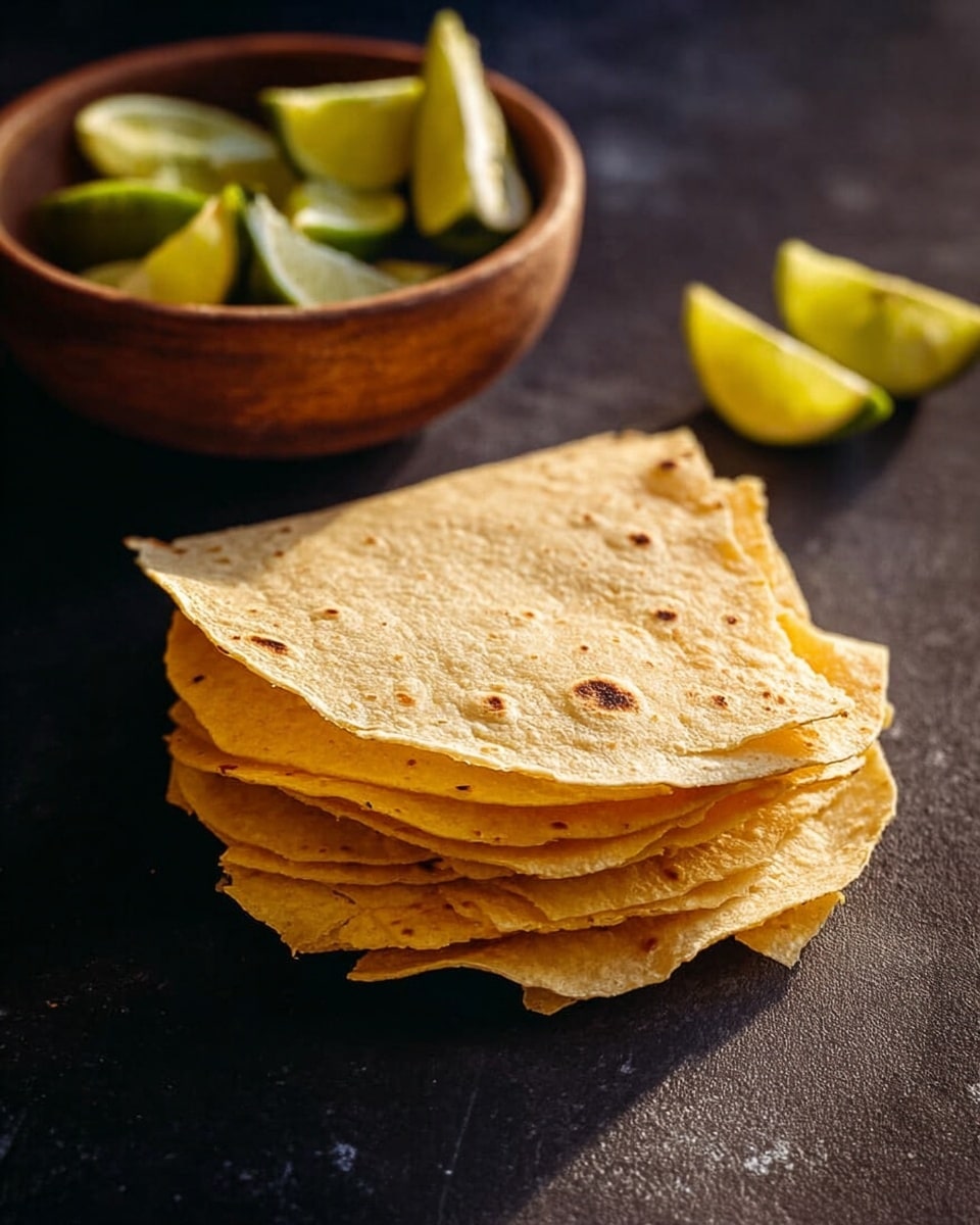 A stack of thin, golden-yellow tortillas with small brown spots is arranged in the center, each piece slightly uneven in shape and layered neatly on top of each other, creating a sense of texture and lightness. Behind the stack, there is a brown bowl filled with lime wedges, showing bright green and pale yellow colors. The entire scene is set on a dark surface with a soft shadow cast around the tortillas. photo taken with an iphone --ar 4:5 --v 7