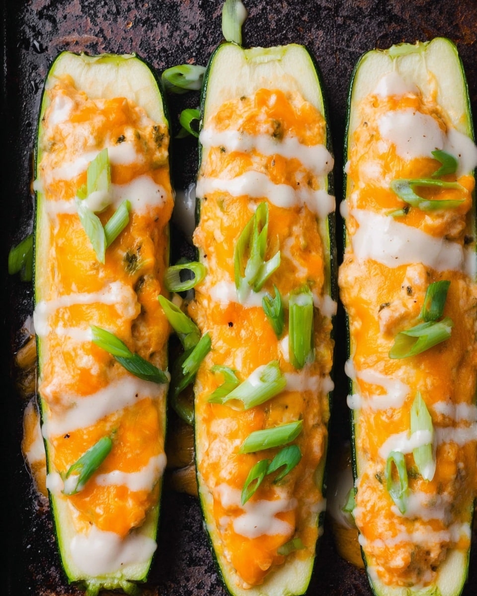 The image shows three zucchini halves placed side by side on a dark textured baking tray. Each zucchini half is hollowed and filled with a creamy orange mixture topped with melted cheddar cheese, giving a smooth and slightly bumpy texture. A white creamy sauce is drizzled in thin lines across the cheese, adding contrast. Scattered slices of fresh green onion sit on top, adding a pop of bright green color and a fresh look. The background features a white marbled surface. photo taken with an iphone --ar 4:5 --v 7