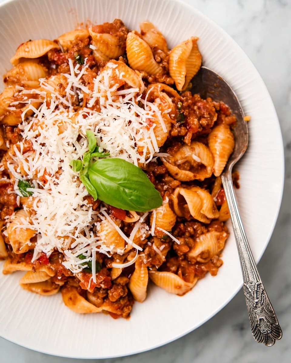 A close-up view of a white plate filled with shell pasta mixed with a rich reddish-brown meat sauce, topped with a generous layer of finely shredded white cheese, adding a soft texture on top. In the center, a fresh green basil leaf adds a touch of bright color. A silver spoon with ornate handle rests on the right side of the plate, touching the pasta. The background is a white marbled texture. photo taken with an iphone --ar 4:5 --v 7