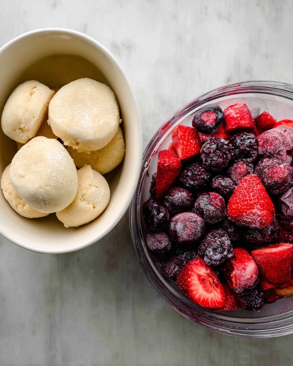 The image shows two bowls side by side on a white marbled surface. The left bowl is white and holds four round, pale beige cookie dough discs stacked slightly on each other with a crumbly texture. The right bowl is clear and filled with a mix of frozen berries, including bright red strawberries and dark purple-black berries, with a frosty, icy texture covering them. Photo taken with an iphone --ar 4:5 --v 7