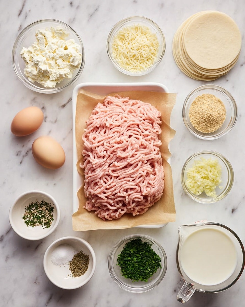 The image shows various raw ingredients neatly placed on a white marbled surface. In the center, there is a rectangular white tray lined with brown parchment paper holding a large pile of pale pink ground meat, which looks soft and slightly stringy. Surrounding this tray, there are several small clear glass bowls and white dishes with different ingredients: one with creamy white crumbled cheese, one with a whole raw egg, another with light brown breadcrumbs, a small bowl of finely chopped green herbs, one with minced garlic, and another with finely grated pale yellow zest. There are three small white bowls with dried green herbs, black pepper, and white salt, and a small glass measuring cup filled with white liquid, likely milk or cream, placed to the far right. On the top right corner, there is a small stack of light beige rounds of dough or wrappers. All ingredients are cleanly arranged and well separated, showing different colors and textures clearly. Photo taken with an iphone --ar 4:5 --v 7