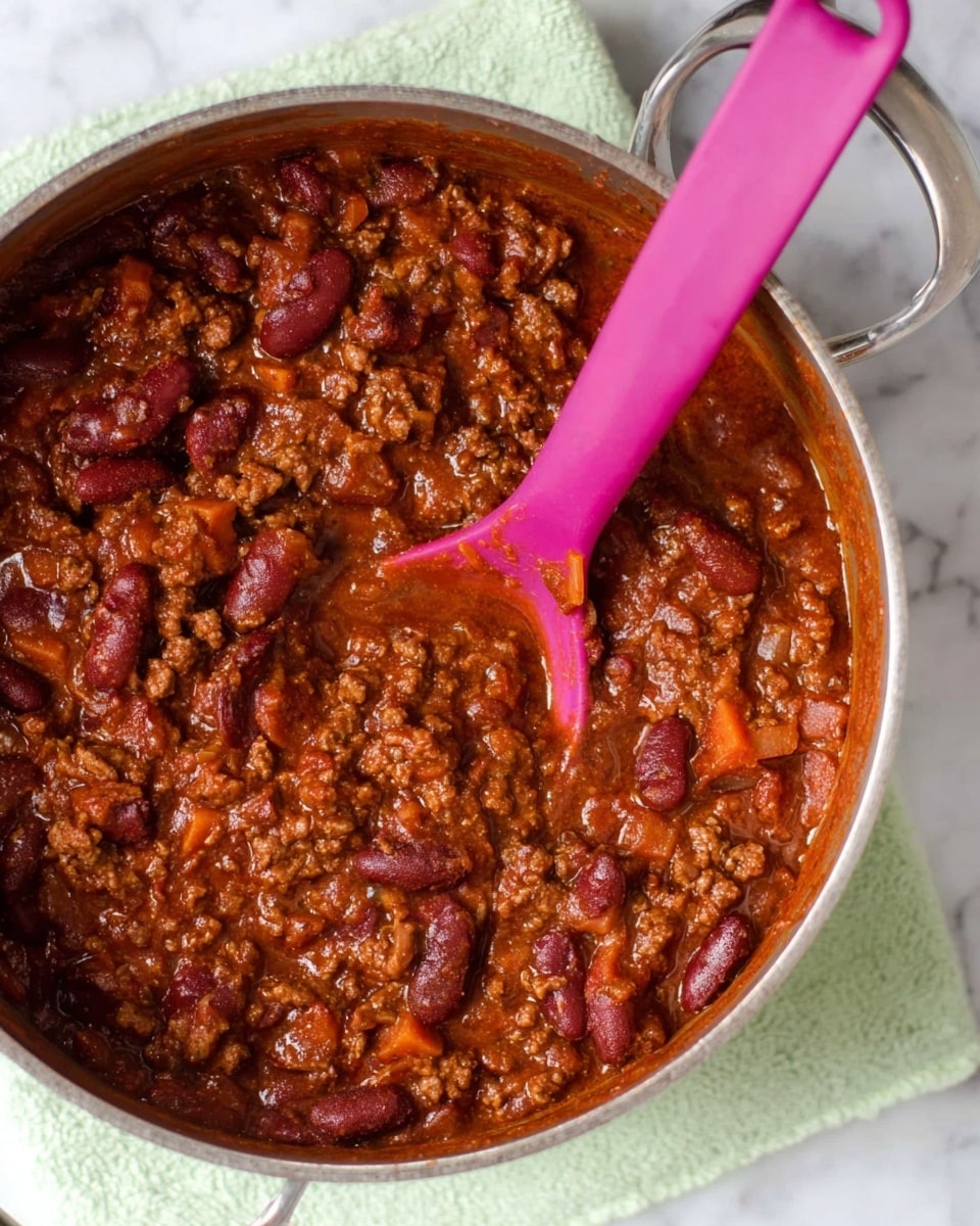 A close-up view of a pot filled with a thick reddish-brown stew made of kidney beans, ground meat, and small pieces of carrots, all mixed together in a rich sauce. A bright pink spoon is partially submerged in the stew, resting on the right side of the pot, with some sauce clinging to it. The pot sits on a light green cloth on a white marbled surface. The texture looks chunky and hearty with visible bits of beans and meat throughout. photo taken with an iphone --ar 4:5 --v 7
