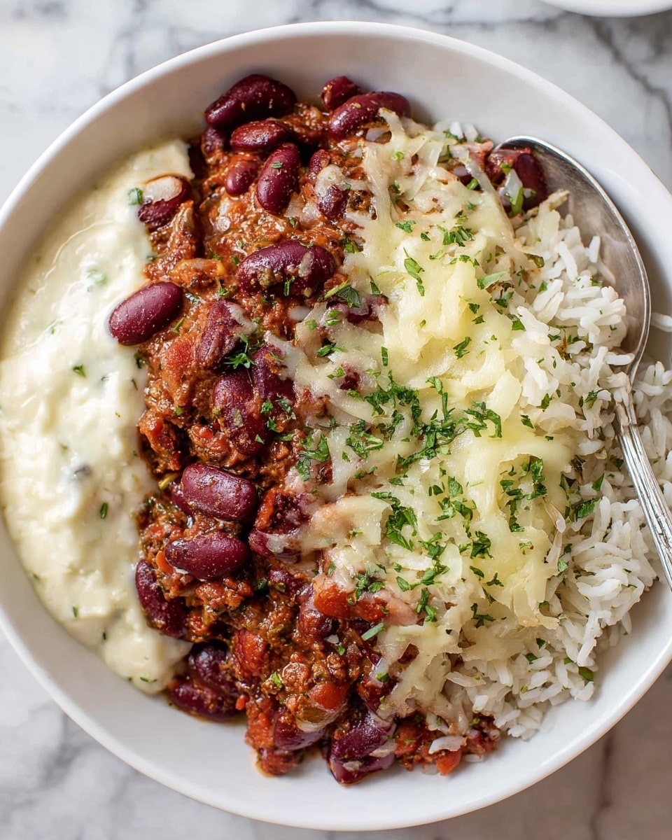 The dish is in a white bowl placed on a light green cloth over a white marbled surface. Inside the bowl, there is a base layer of white rice on one side, appearing fluffy and slightly sticky. On top of the rice, a thick layer of red chili with kidney beans, small pieces of vegetables, and a rich, chunky texture spreads, showing deep red and brown colors. A melted light yellow cheese layer covers part of the chili, sprinkled with dried green herbs. A dollop of white sour cream is placed next to the chili and rice, adding a smooth and creamy texture. A fork rests on the edge of the bowl. In the background, a glass of water with light reflections is visible. Photo taken with an iphone --ar 4:5 --v 7