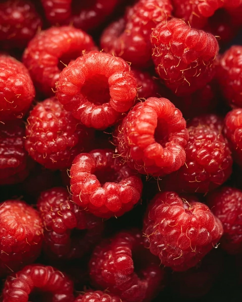The image shows a close-up of many bright red raspberries piled together. The raspberries have a bumpy texture with tiny drupelets and small hairs visible on their surface. The berries are fresh and juicy, with some catching soft light that makes them look shiny. The background is dark, making the red color of the raspberries stand out clearly. Photo taken with an iphone --ar 4:5 --v 7