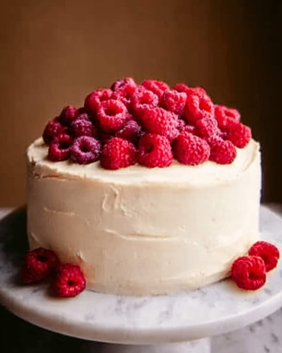 A close-up view of a three-layer vanilla cake slice on a white plate with a white marbled surface underneath. Each layer of the cake is light yellow and fluffy, separated by a thick layer of smooth white cream with a thin spread of red raspberry jam. The outer side of the cake is covered with white cream frosting, slightly uneven and soft in texture. At the base of the slice, there are fresh whole raspberries adding a deep red color contrast. A woman's hand holds a fork next to the raspberries, ready to take a bite. The background is gently blurred, focusing attention on the detailed layers and textures of the cake. photo taken with an iphone --ar 4:5 --v 7
