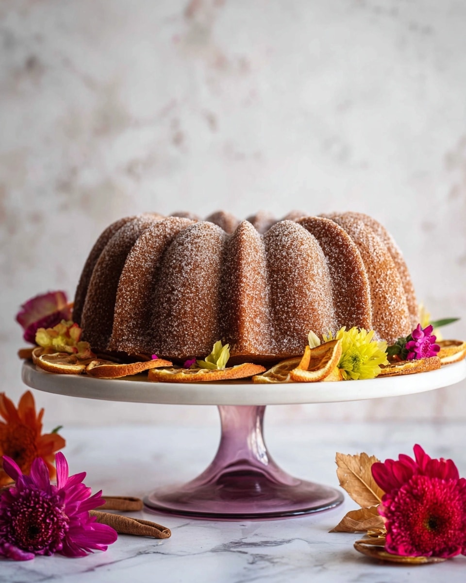 A brown bundt cake with a sugary coating sits on a white plate atop a purple glass stand. The cake has deep ridges all over its surface and a soft, moist look. Around the base of the cake, there are dried orange slices, yellow and orange small flowers, pink and purple flowers, and red flowers, adding a bright contrast to the brown cake. The background and surface have a white marbled texture, creating a clean look. photo taken with an iphone --ar 4:5 --v 7