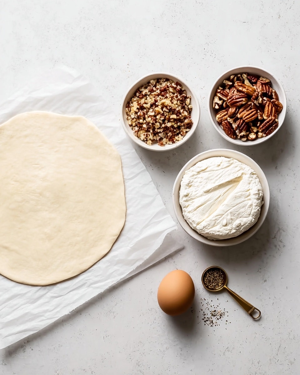 The image shows a flat, round dough sheet with a smooth, pale cream color on the left side, resting on white parchment paper. To the right, there are three white bowls arranged in a row; the first bowl is filled with light brown sugar with a crumbly texture, the second with chopped pecans showing a mix of brown and tan pieces, and the third contains a whole round of white soft cheese with a wrinkled surface. Next to the cheese is a single brown egg with a smooth shell, and below these bowls is a small gold measuring spoon holding ground black pepper, scattered slightly on the white marbled surface underneath. The photo taken with an iphone --ar 4:5 --v 7