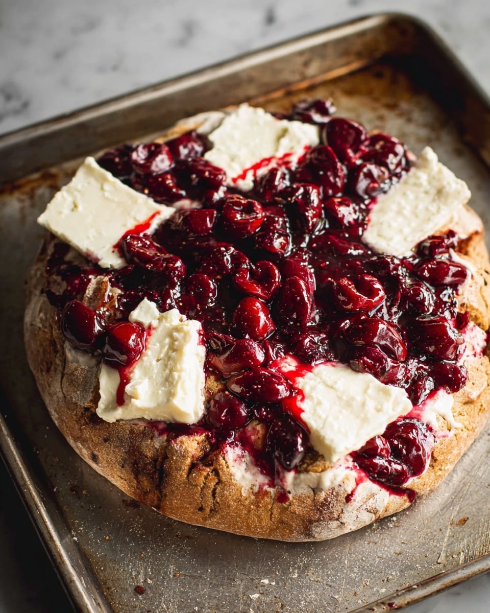 A round piece of bread sits on a metal baking tray with an uneven crust texture, cracked slightly on top. The bread is topped with several thick white pieces of soft cheese scattered across the top and sides. Over the cheese, there is a thick layer of deep red cherry sauce with whole cherries, spreading unevenly and dripping slightly onto the bread. The metal tray has signs of wear and use, with a white marbled surface beneath it. photo taken with an iphone --ar 4:5 --v 7