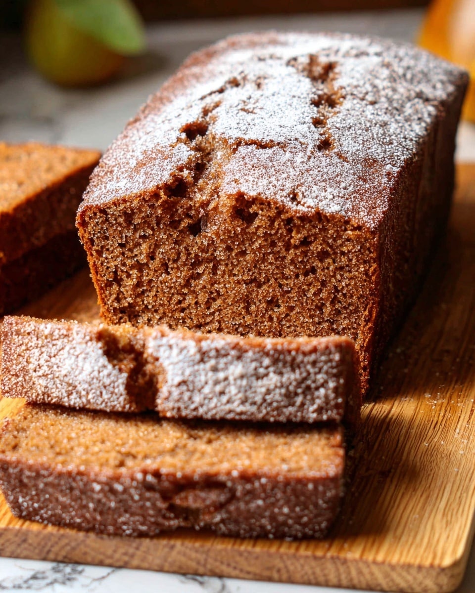 The image shows a loaf of brown cake with a rough, textured crust covered lightly in powdered sugar. The cake has been sliced, revealing a soft, dense interior with a crumbly texture. The top has a cracked look with uneven peaks and valleys dusted with white powdered sugar. The cake is placed on a wooden cutting board with a white marbled surface in the background. Photo taken with an iphone --ar 4:5 --v 7