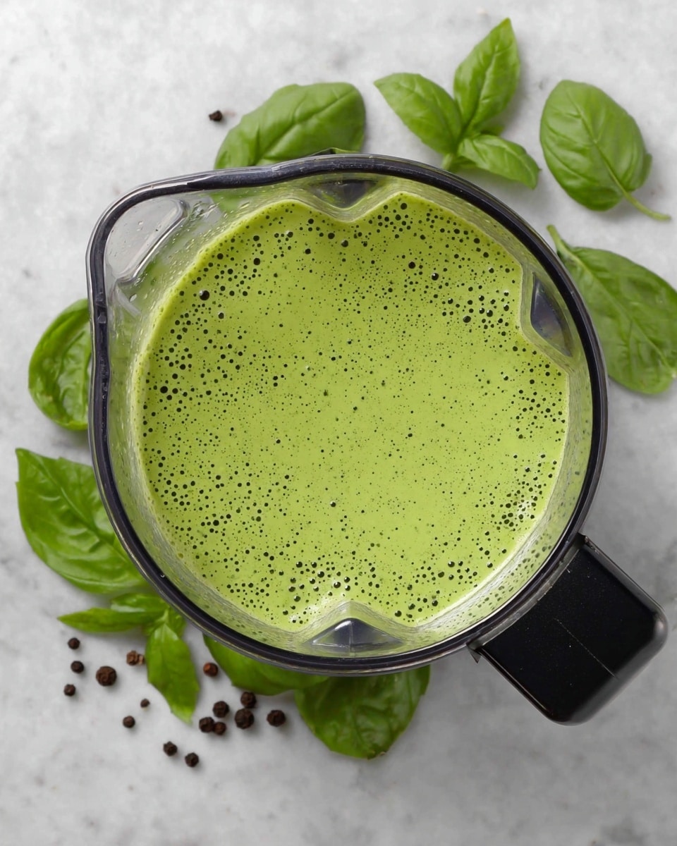 A close top view of a blender container filled with light green, smooth sauce with small bubbles on its surface, placed on a white marbled texture. Around the blender, there are fresh green basil leaves and scattered black peppercorns. The blender has a black handle on the right side. photo taken with an iphone --ar 4:5 --v 7