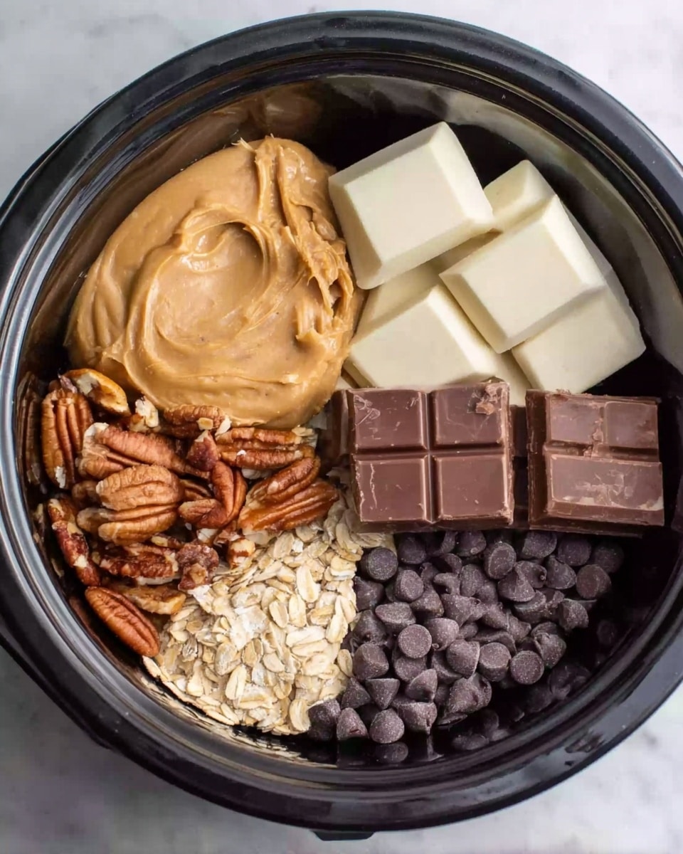 The image shows a black slow cooker bowl divided into five sections with different ingredients. In the top left section, there is a smooth, creamy light brown peanut butter. To the right, there are white chocolate bars placed in neat squares. Below the white chocolate, there are dark brown milk chocolate bars also in square pieces. The bottom right section contains small, round dark chocolate chips. On the bottom left, there are glossy pecan halves mixed with light brown rolled oats. The bowl sits on a white marbled surface. photo taken with an iphone --ar 4:5 --v 7
