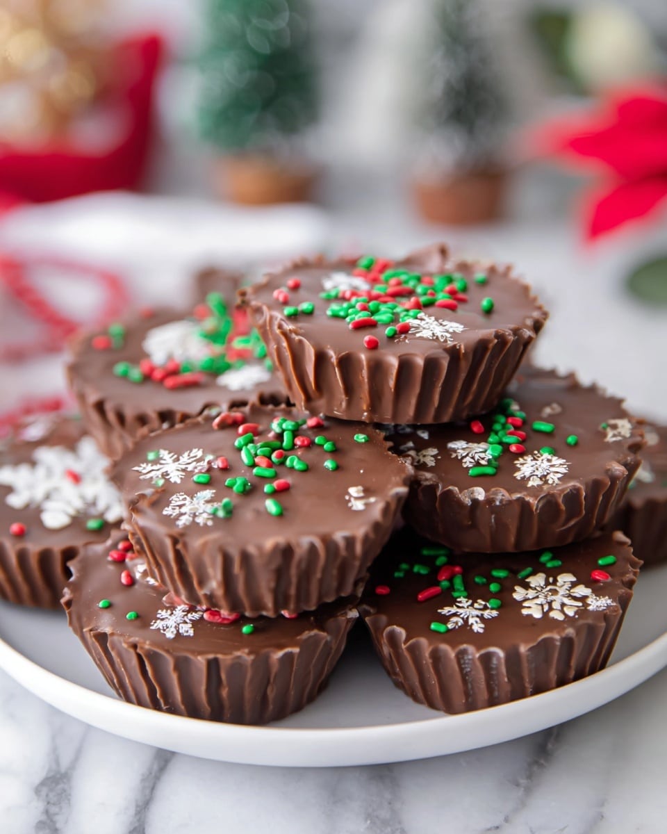 A stack of round chocolate cups on a white plate, each cup has ridged edges and a smooth shiny top layer of milk chocolate. The chocolate cups are decorated with small red, green, and white round sprinkles on top, and some have white snowflake-shaped sprinkles. The cups are layered in a slight pile, showing their textured sides and festive sprinkle details. The scene is set on a white marbled surface with blurred holiday-themed decorations in the background. Photo taken with an iphone --ar 4:5 --v 7