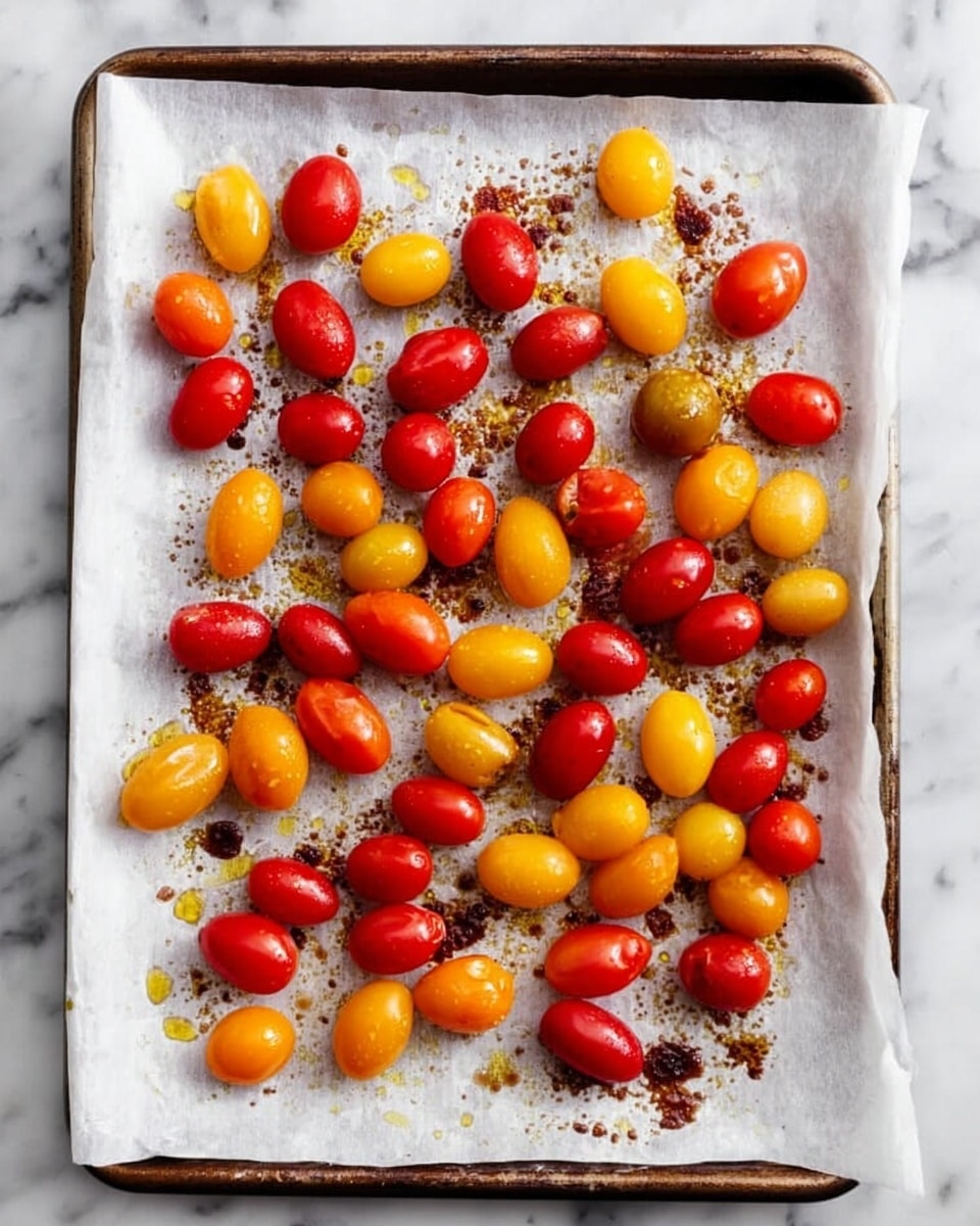 A baking tray covered with white parchment paper holds a single layer of small, round and oval cherry tomatoes in three colors: bright red, deep red, and golden yellow. The tomatoes are spaced out unevenly across the parchment paper, with some darker brown spots of seasoning or oil scattered underneath and around them. The parchment paper has slight crinkles and some oil glistens on the tomatoes' smooth, shiny skins. The tray sits on a white marbled surface. photo taken with an iphone --ar 4:5 --v 7