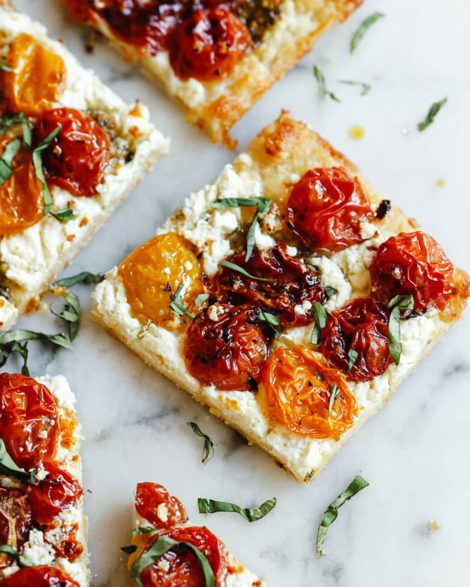 The image shows several square slices of a flatbread with three clear layers. The bottom layer is a thin, golden-brown crust with a slightly crispy texture, topped with a creamy white cheese layer that looks soft and smooth. On top of the cheese are roasted cherry tomatoes with shiny, wrinkled red and orange skins, adding a rich, glossy texture. Fresh thin green basil strips are scattered over the tomatoes, adding a fresh, leafy look. The slices are placed on a white marbled surface, with small crumbs and basil leaves around them. photo taken with an iphone --ar 4:5 --v 7