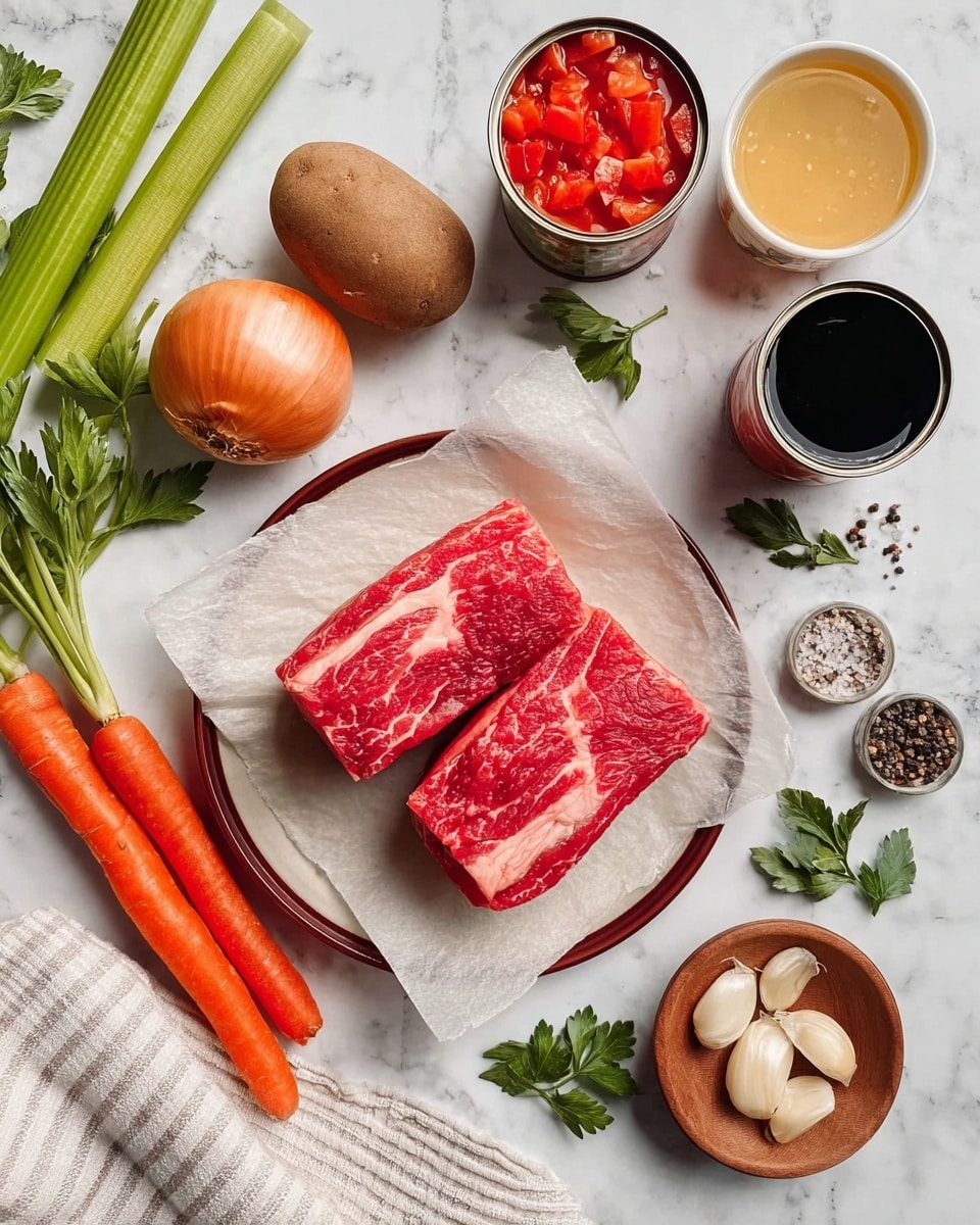 The image shows two raw red meat pieces with white fat marbling, placed on a sheet of parchment paper on a white plate with a brown rim, positioned in the center. Around the plate, there are two bright orange carrots and two green celery stalks lying diagonally on a white marbled surface. On the upper left, there is a brown-skinned potato and a whole yellow onion with papery skin. Three open cans are seen: the first with bright red whole peeled tomatoes, the second with chopped red tomatoes, and the third containing a dark liquid, all set on the marble surface. Nearby, a small wooden bowl holds three peeled white garlic cloves. There is also a glass container holding a pale yellow liquid, and two small shakers with black and white seasoning near green parsley leaves scattered around the edges. A white and beige striped cloth is at the lower left corner. Photo taken with an iphone --ar 4:5 --v 7