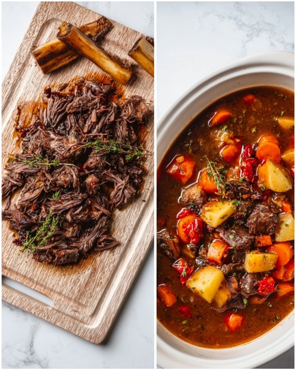 The image shows two side-by-side photos on a white marbled surface. On the left, there is a white wooden cutting board filled with shredded dark brown cooked meat, with a couple of large bones resting on the upper right corner. On the right, there is a white oval dish filled with stew. The stew has chunks of orange carrots, pale yellow potatoes, red tomatoes, and shredded dark brown meat mixed in a rich brown broth. Photo taken with an iphone --ar 4:5 --v 7