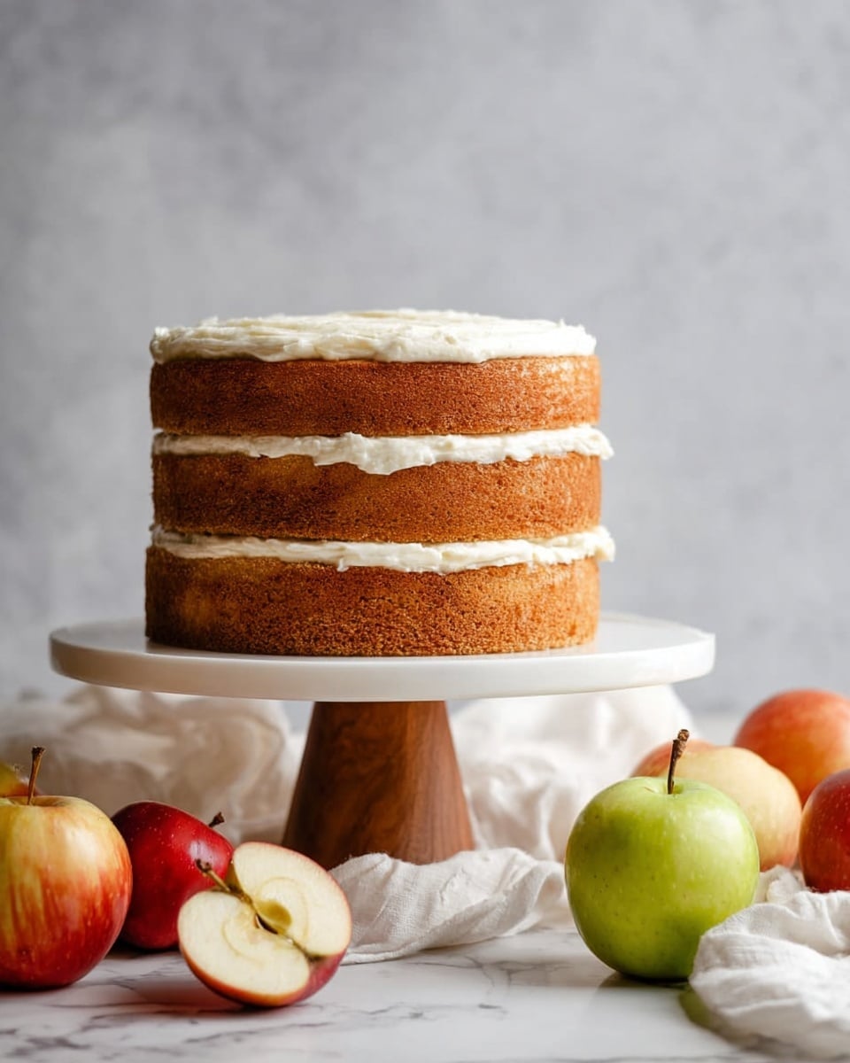 A three-layer cake with light brown sponge and white frosting between each layer and on top sits on a white cake stand with a wooden base. The cake layers look soft and moist with a smooth texture. Around the base of the cake stand are whole apples in red, green, and yellow colors and one red apple cut in half showing its pale inside. The scene is set on a white marbled surface with a white cloth softly draped in the background. The background behind the cake is a light gray wall. photo taken with an iphone --ar 4:5 --v 7