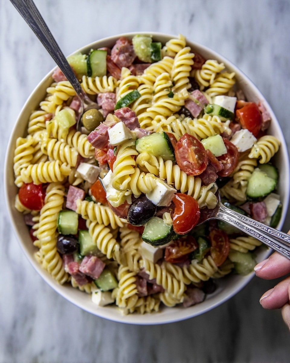 The image shows a white bowl filled with rotini pasta salad. The bottom and middle layers are made of curly, pale yellow rotini pasta that looks soft and slightly shiny. Mixed evenly throughout the pasta are slices of black olives, small cubes of creamy white cheese, and chunks of green cucumber with light green skin. Scattered on top and around are bright red and yellow cherry tomato halves adding vibrant colors. The bowl sits on a soft blue cloth, with blurred empty white bowls stacked in the background, all on a white marbled surface. Photo taken with an iphone --ar 4:5 --v 7