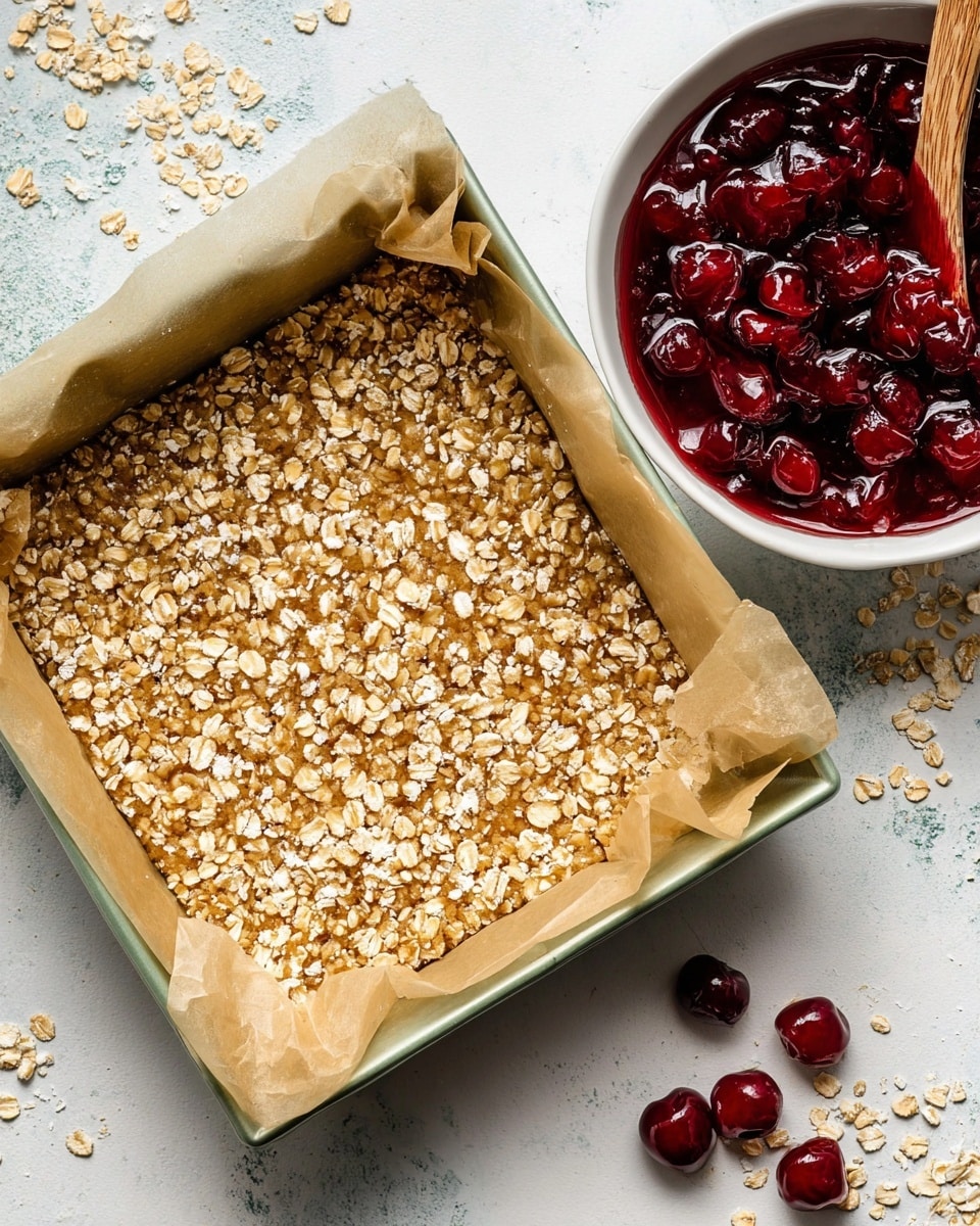 The image shows a square baking tray lined with parchment paper filled with a single layer of oat mixture that looks golden brown and crumbly, scattered with whole oats evenly on top. To the right of the tray is a white bowl filled with glossy, deep red cherries in syrup, with a wooden spoon partially visible inside. The surface beneath everything is a white marbled texture with some scattered oat flakes around the tray, adding a casual, rustic feel. Photo taken with an iphone --ar 4:5 --v 7