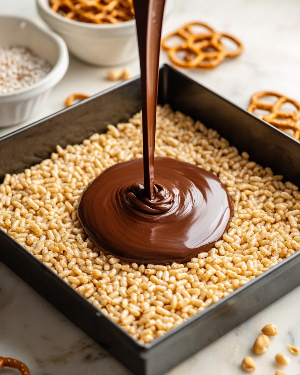 A black square pan filled with a light tan puffed rice cereal layer tightly packed to cover the bottom. A thick stream of shiny, smooth dark brown chocolate is being poured in the center, creating a small swirl pool on top of the cereal. The background shows white bowls with pretzels and crushed peanuts blurred out, and a few scattered puffed rice grains on a white marbled surface. photo taken with an iphone --ar 4:5 --v 7