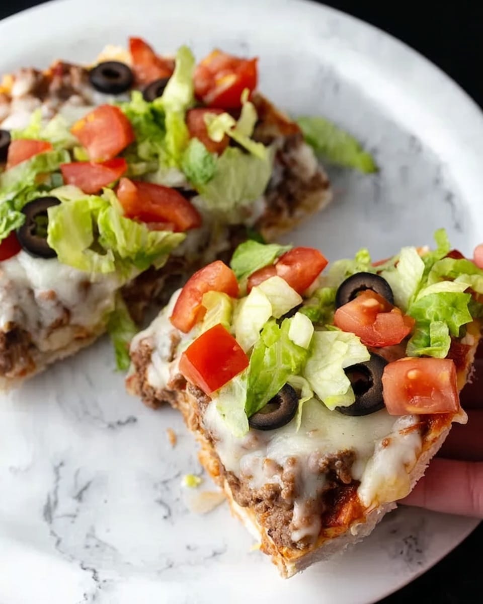 The dish shows two pieces of a layered taco open-face on a white plate with a white marbled surface below. Each piece has a base of cooked ground beef in a light brown color, topped with melted white cheese that covers the beef. On top of the cheese are small chunks of fresh red tomatoes and bright green lettuce, along with slices of black olives scattered around. The edges of the pieces reveal the layers clearly with meat in the middle and fresh vegetables on top. A woman's hand is holding one piece near the top edge, showing how the dish is served. Photo taken with an iphone --ar 4:5 --v 7